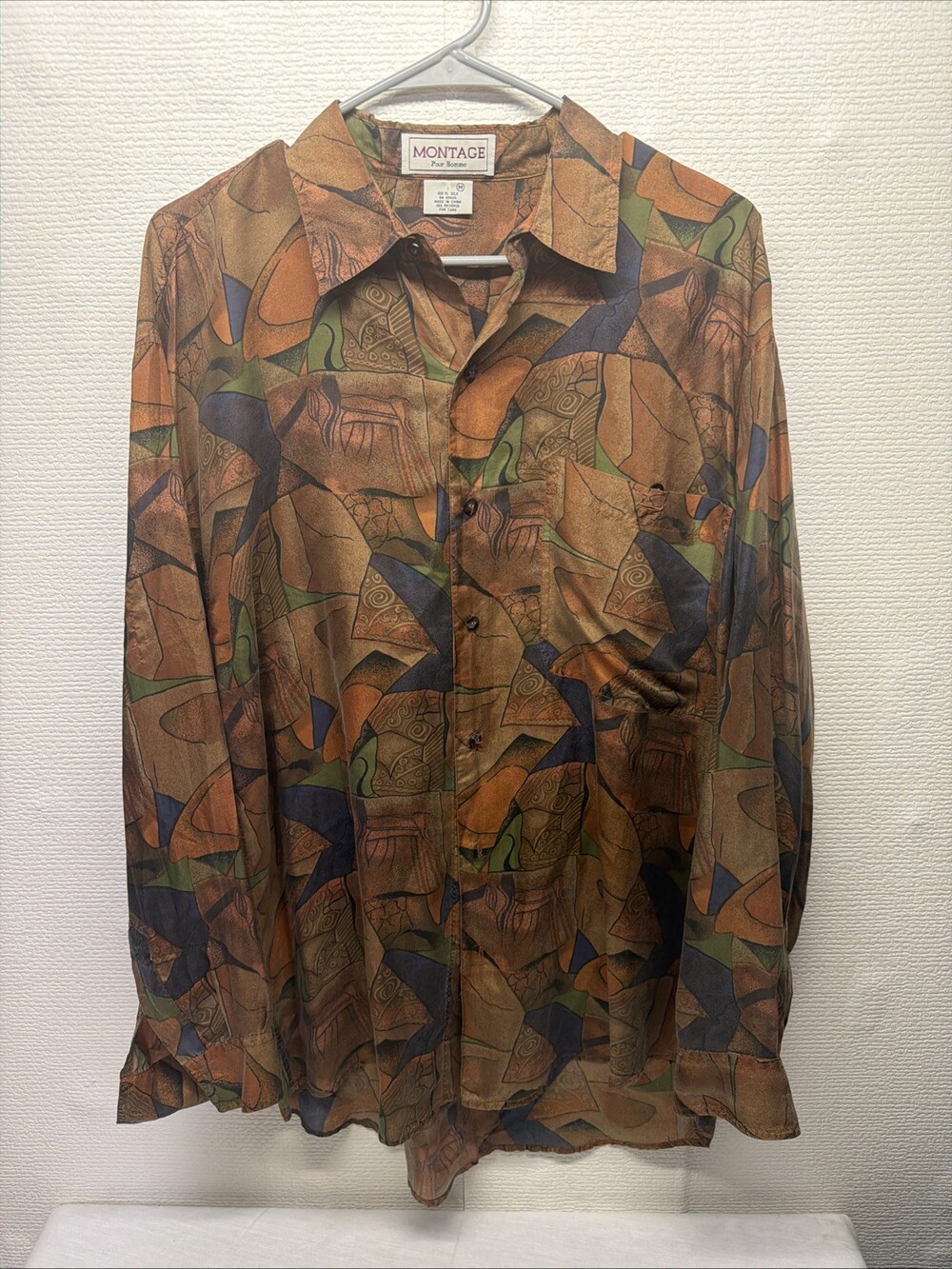 VTG Montage Pour Homme Mens M Silk Shirt Short Sleeve Geometric Abstract